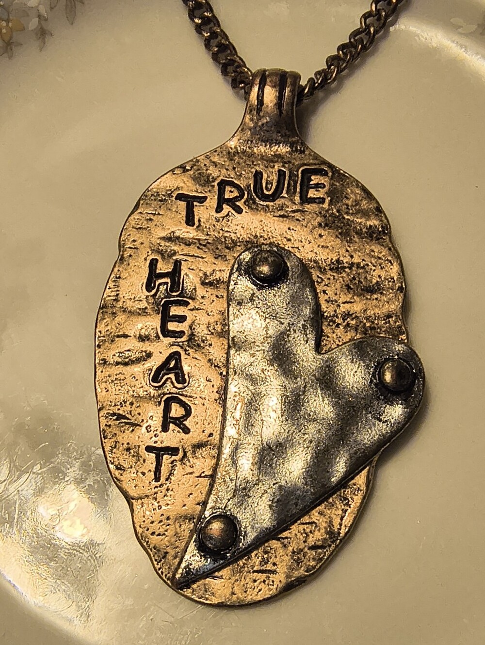 Vtg Brutalist Hammered Sterling & Copper True Heart Charm Pendant Necklace